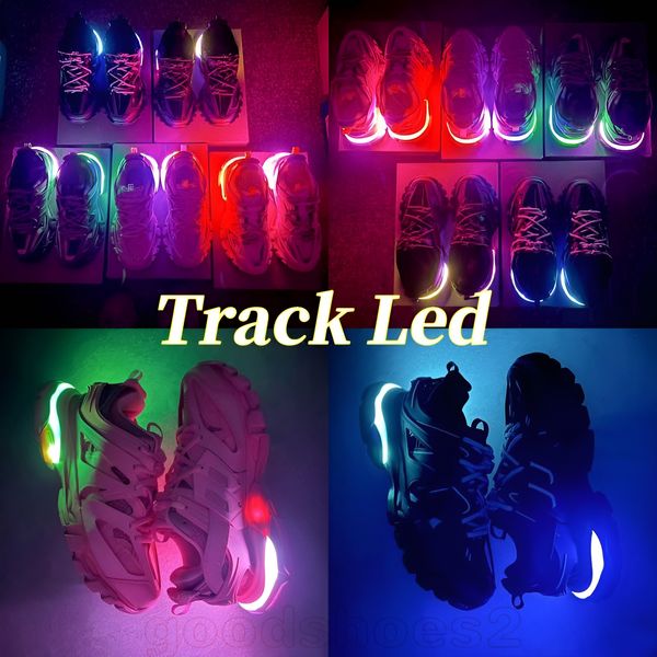 Track LED Sneakers Designer Womens Mens Running Sapato Casual Luz Cinza Azul Gomma Couro Preto Trainer Nylon Plataforma Impressa para Homens Luz 3 3.0 Treinadores com Caixa