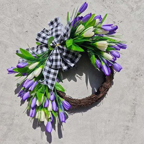Flores decorativas pano guirlanda primavera xadrez bowknot porta grinalda com artificial para decoração de casa jardim pendurado quarto ornamento po