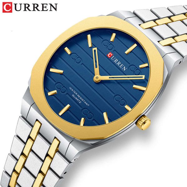 CURREN 8444 Novo relógio masculino empresarial com pulseira de aço quartzo 3D impresso dourado quadrado