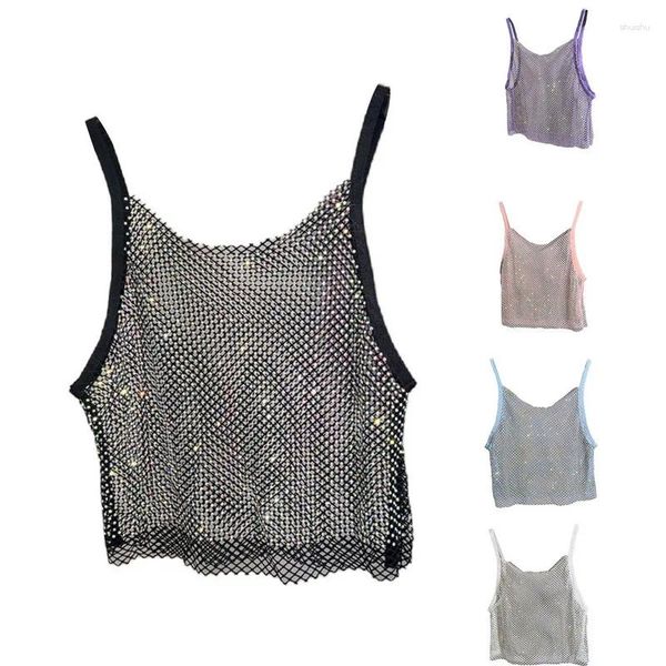 Tanques femininos mulheres fishnet colheita tops roupas de verão 2024 magro colher pescoço ver através oco out strass sparkle camisola