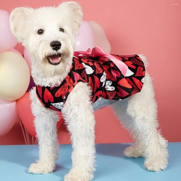 Vestuário para cães Dia dos Namorados Roupas Coração Imprime Roupa Vestido de Tule Vermelho com Bowknot para Cães Pequenos Cat Girl