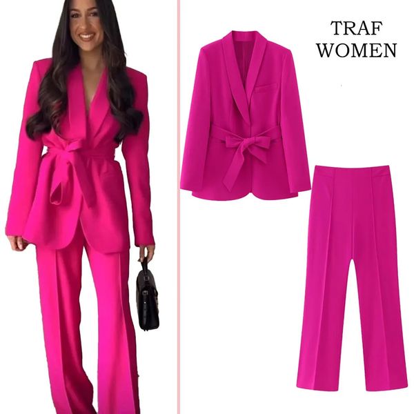 Traf moda feminina com cinto decoração terno jaqueta escritório elegante blazer 2225483 feminino calças de cintura alta conjunto 2216483 240328