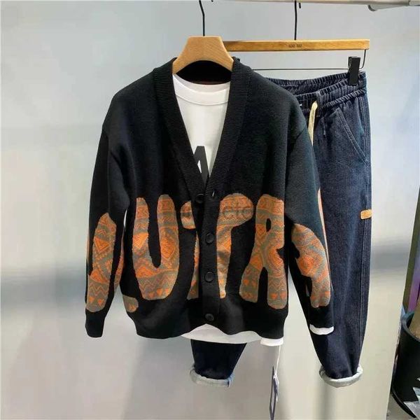 Erkek Hoodies Sweatshirts Erkek Giyim Sonbahar Kış Yeni Amerikan Trend Mektubu Baskılı V-Neck Örgü Kazak Gevşek Kore Moda Kalınlaştırılmış hırka Ceket 24328