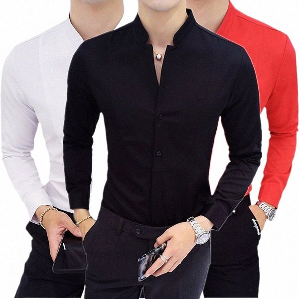 Черные мужские эластичные рубашки с рукавами LG / Мужские высококачественные рубашки с воротником-стойкой Pure Slim Fit Busin Рубашка Красная, Белая Camisa Мужская сорочка e5Yp #