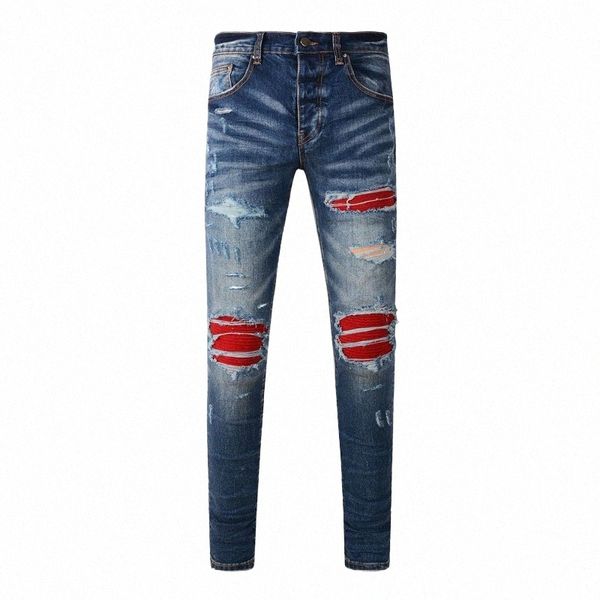 Street Fi Homens Jeans Retro Azul Escuro Stretch Elástico Skinny Fit Rasgado Jeans Homens Red Patched Designer Hip Hop Marca Calças J1Rd #