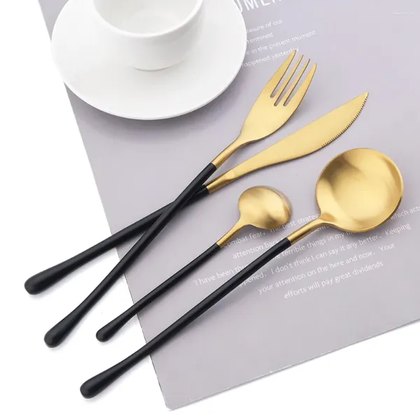 Geschirrssätze hochwertiges schwarzes Griff goldener Besteckset Edelstahl Table Hülle Bahnmesser Fork Spoon Dinner Küche