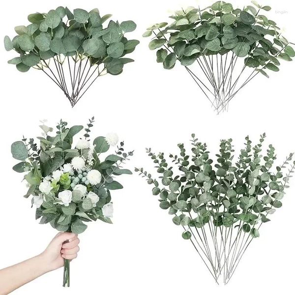 Dekorative Blumen 18/24/30 PCS 3 Arten künstlicher Eukalyptus Stängel Blätter Zweige Seidenpflanze Strauß für Vase Hochzeitsblumblum