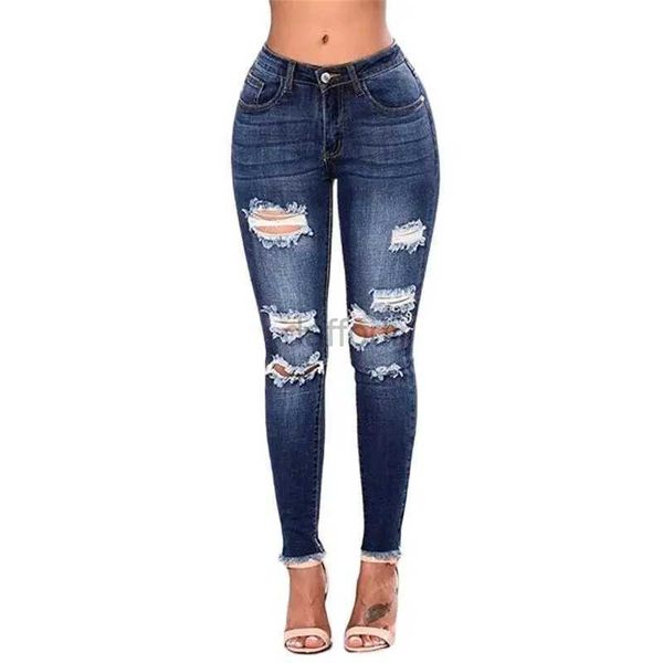 Jeans da donna Tendenza moda donna Pantaloni denim con fori multipli Jeans casual da pendolare a matita Pantaloni skinny elasticizzati a vita media Streetwear 24328