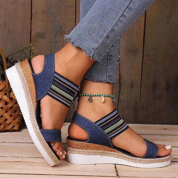 Sandali con zeppa 2023 Moda donna Casual Denim Allacciatura aperta Piattaforma elastica scorrevole su scarpe quotidiane H240328