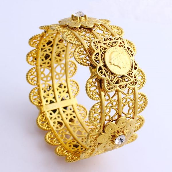 Luxuriöses Damen-Armband, großes breites Armband, CARVE THAI BAHT, 18 Karat massives feines G-F-Gold, Dubai-Stil, afrikanischer Schmuck, Armbänder mit CZ, Mitte 223h