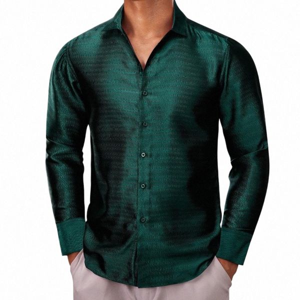 Camisas de luxo para homens de seda LG manga verde sólido Slim Fit blusas masculinas casuais tops formais respirável Barry Wang 71xz #