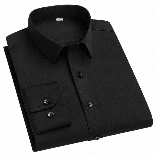 nuovi uomini autunno camicia sottile Full Slim Fit formale Lg-manica tinta unita nero-bianco-rosa-blu elastico banchetto ufficio top morbido h6Sx #