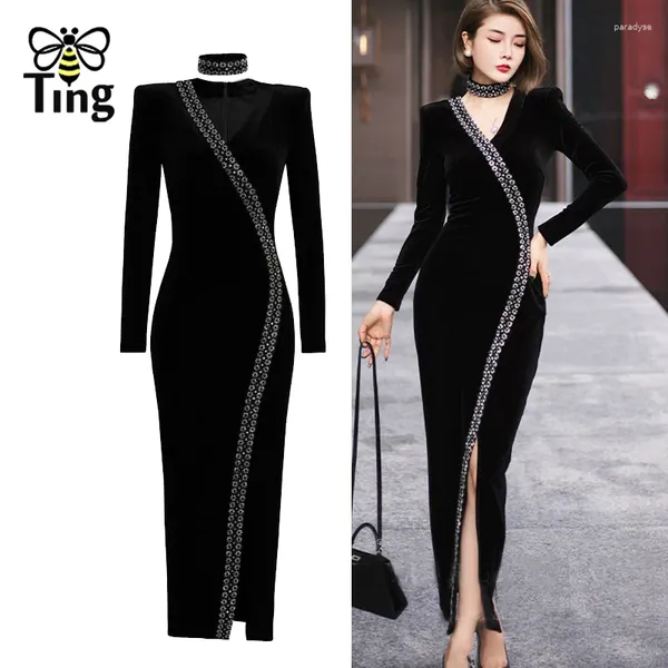 Casual Kleider Tingfly Designer Mode Hohe Qualität Perlen Slim Bodycon Samt Midi Lange Party Nacht Dame V-ausschnitt Mantel