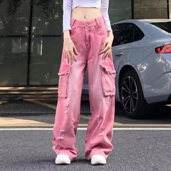 Calças femininas mulheres rosa jeans contrastantes cores cintura alta americana rua larga perna y2k harajuku retro rasgado calças jeans retas