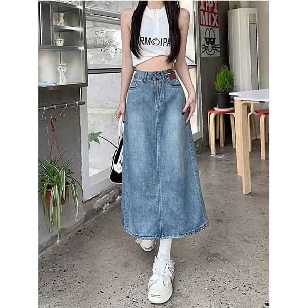 Herbst Frauen Lange Denim Röcke Vintage Hohe Wasit Jeans Rock Gerade Seite Split A-linie Bleistift Röcke Weibliche 240328