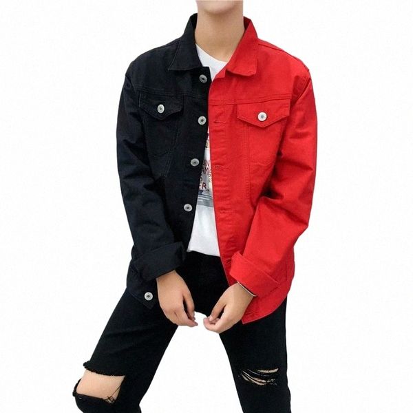 Casual magro denim jaqueta para homens 2024 preto vermelho jeans jaqueta homme frs bordado streetwear denim casaco masculino jaqueta bomber n85j #