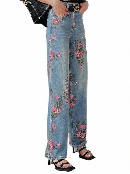 Rosa Bordado Barril Reto Jeans Envoltório das Mulheres Hip Folha Imprimir Solto Fi Versátil Cott Calças De Luxo Plissado Luxury2024 60FP #