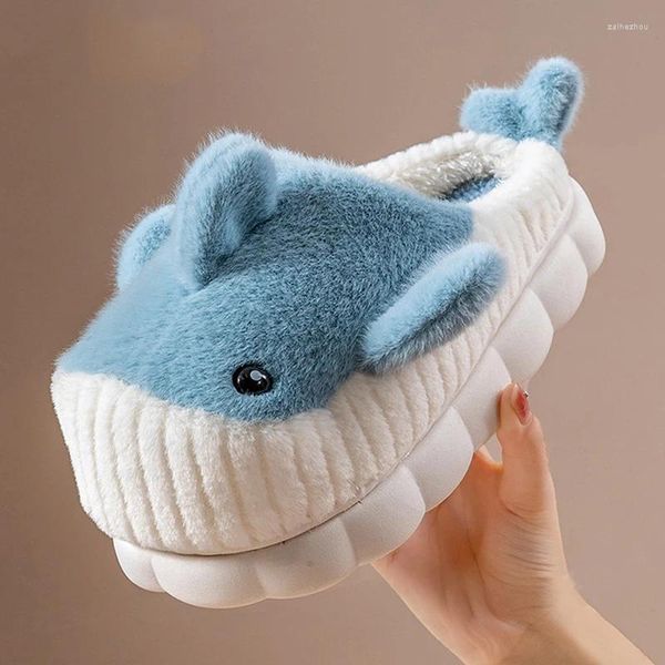 Pantofole Fuzzy Cute House Animal Slides Calde scarpe da camera da letto per interni invernali da donna Balena strutturata in peluche per donna