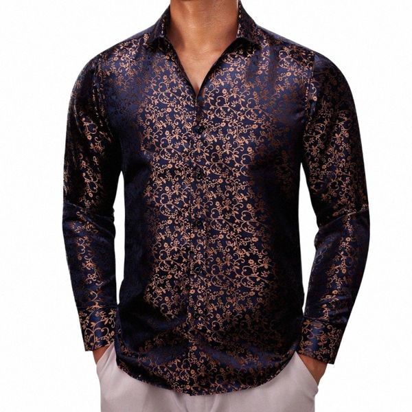 Camisas de luxo para homens de seda LG manga azul ouro Fr Slim Fit blusas masculinas casuais tops formais respirável Barry Wang r1aJ #