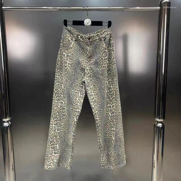 Женские джинсы, потертые, потертые, с леопардовым принтом, модные прямые брюки для уличных девушек, широкие брюки в американском ретро, брюки Y2k