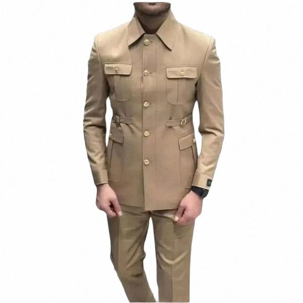 Traje Homme Ouro Butt Safari Homens Ternos 2 Peças Festa de Casamento Do Noivo Homens Fechamento Collar Slim Fit Busin Casamento Blazers R6rO #