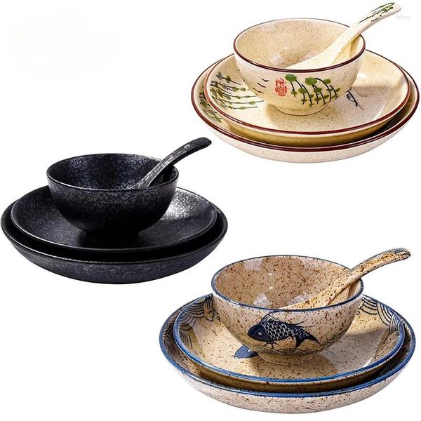 Ciotole set di stoviglie in ceramica a 4 pezzi set giapponese dipinto dipinto a mano piatto insalata dessert piatto di cereale cucchiaio