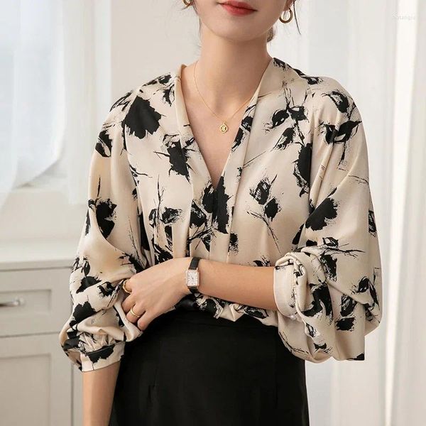 Женские блузки, осень 2024, винтажная шифоновая рубашка во французском стиле с принтом чернил, женские топы с длинным рукавом-фонариком и v-образным вырезом, свободная одежда Blusas 27862