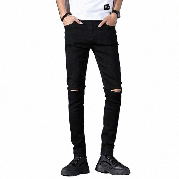 Jeans skinny homens 2023 novo masculino preto joelho rasgado buraco pequenos pés calças elasticidade emagrecimento hip hop denim calças x9hR #