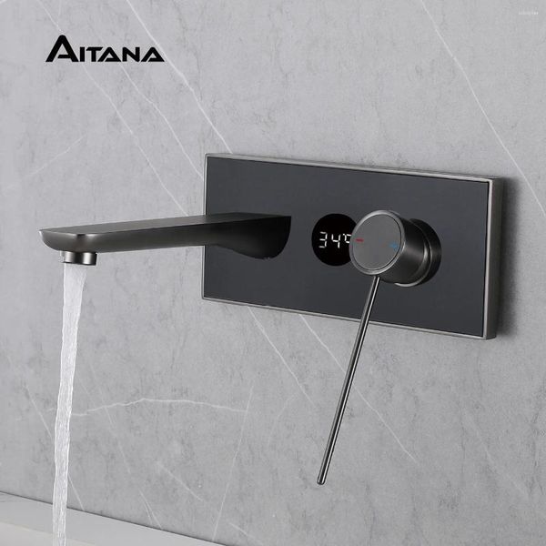 Rubinetti per lavandino del bagno Rubinetto in ottone nero Display digitale Pannello in vetro Design a parete Maniglia singola e lavabo a doppio controllo freddo