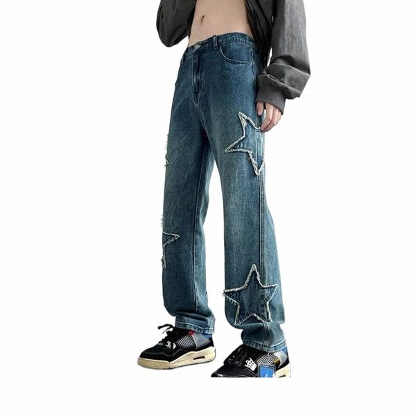 Autunno Trendy Loose-fit Deep Blue Versatile Jeans a gamba dritta per uomo Retro Wing Distred Fi Pantaloni casual N5SV #