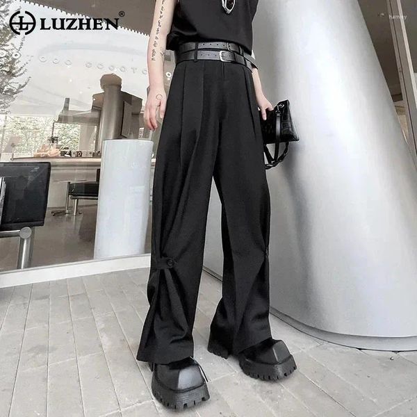 Pantaloni da uomo LUZHEN 2024 Primavera Moda con bottoni Design cinturino casual coreano alla moda pantaloni dritti larghi LZ1792