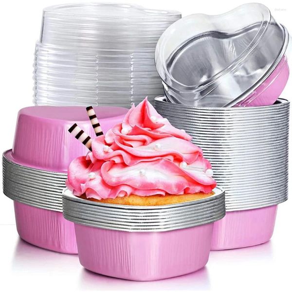 Backwerkzeuge 50 Stück 55 ml Zinnfolie Aluminium Puddingbecher mit Deckel herzförmige Einweg-Mini-Mousse-Cupcake-Behälter Form
