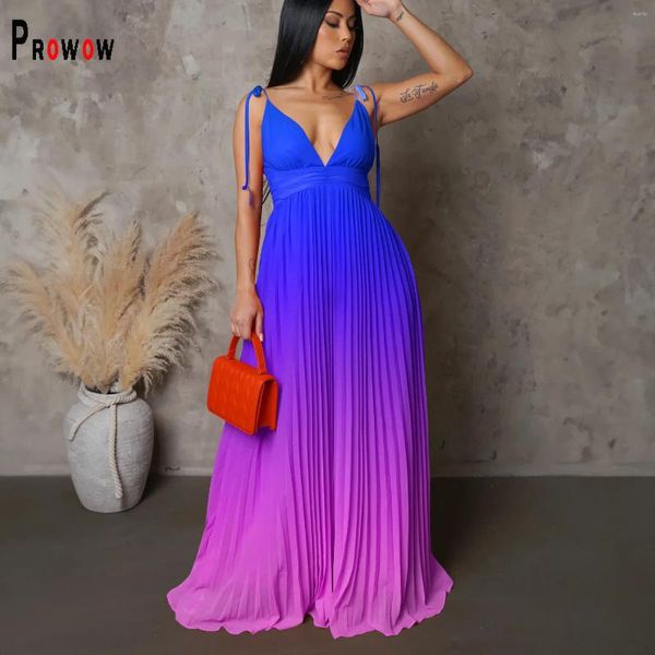 Vestidos casuais prowow moda gradiente cor mulheres maxi vestido verão sem mangas cintura alta noite festa de aniversário desgaste elegante feminino