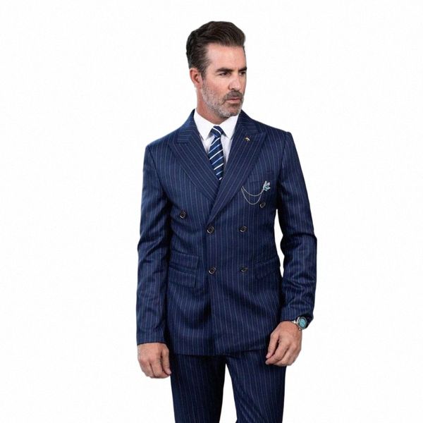 Blau Full Set Herrenanzüge Nadelstreifen-Blazer Terno 2 Stück Jacke Hosen Kostüm Homme Fi Zweireiher Spitze Revers Prom Party d1bd #