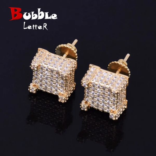 Brinco de zircão masculino 10x10mm, estilo hip hop, material de cobre, bling cz, brincos quadrados, parafuso, joias de moda 240323