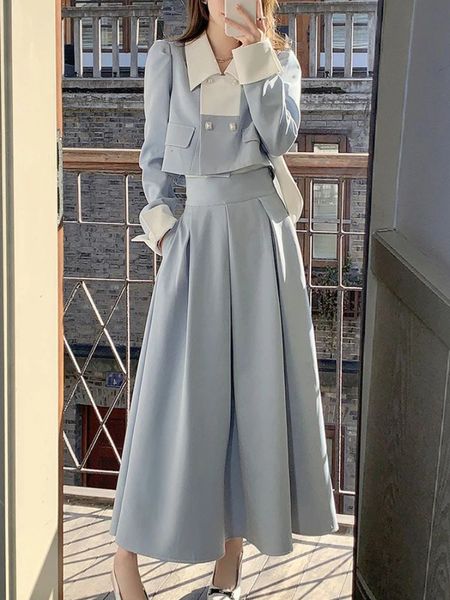 2023 outono elegante 2 peça vestido conjunto feminino fino vintage festa senhora do escritório terno coreano manga longa colheita topos casual midi saia 240323