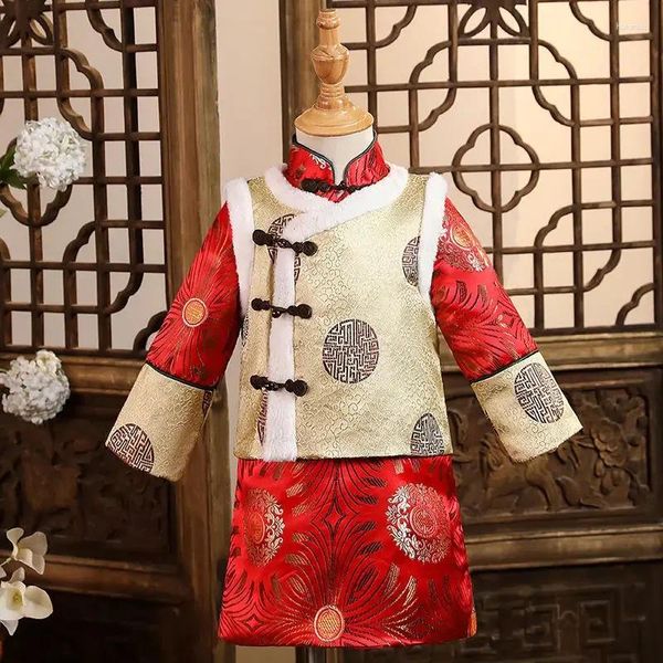 Roupas étnicas 2024 Tradicional Chinês Styel Ano Tang Terno Menino Crianças Bebê Robe Colete Kawaii Vintage Bordado Trajes Presentes de Aniversário