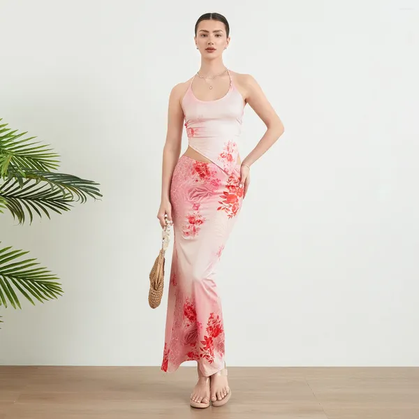 Vestidos de trabalho sem mangas halter pescoço flor impressão colheita topos longo floral saia magro roupas de verão feminino 2 peça