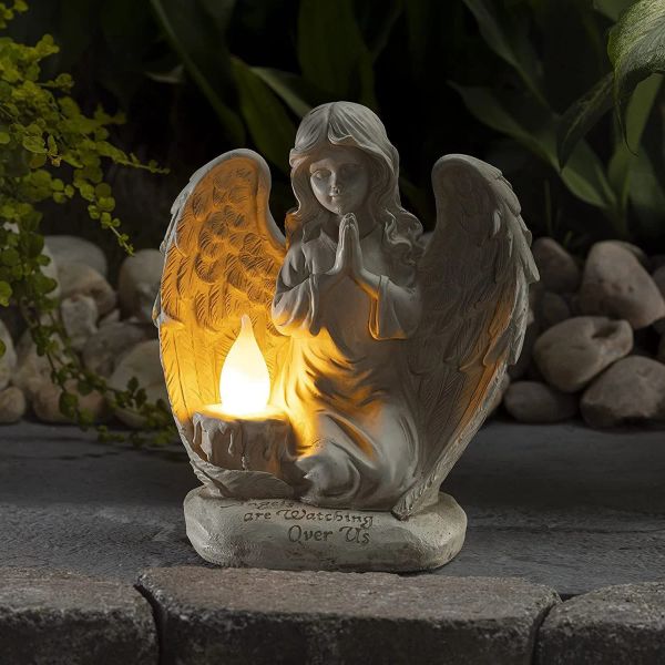 Miniaturas anjo orando cuidando de nós luz de jardim LED movida a energia solar para decoração externa