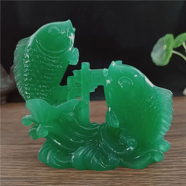 Esculturas 12cm estátuas de peixe estatuetas pedra de jade artificial ornamentos de mascote da sorte decoração de casa escultura de estátua de buda feng shui chinês