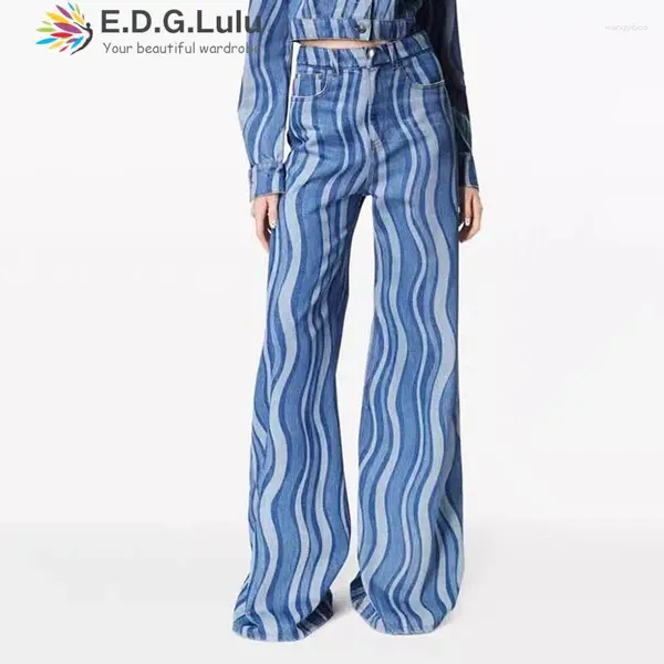Женские джинсы EDGLuLu с вертикальной рябью, широкие брюки, синие, американские винтажные, повседневные джинсовые брюки, женские прямые брюки 0308