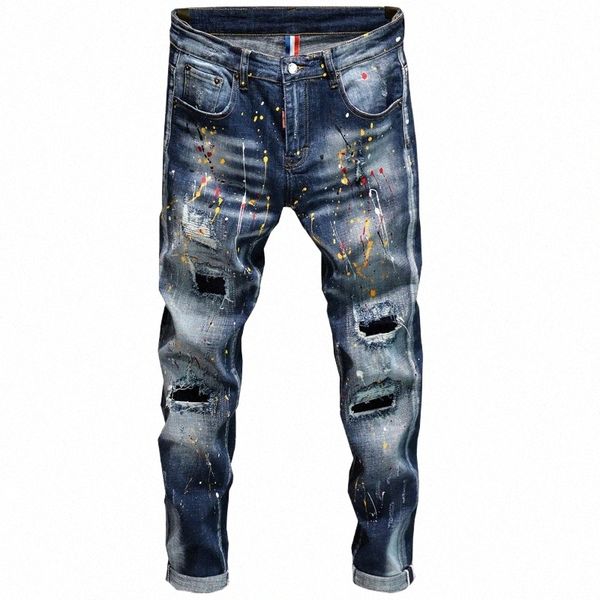 novo estilo persalidade jeans rasgados masculino estilo coreano na moda fi pintura dot spl design de tinta calças de impressão slim calças V9Yu #