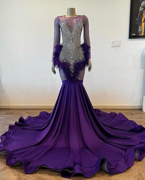 Impressionante diamante sereia vestidos de noite 2024 sheer pescoço manga longa das mulheres vestidos de gala beading pena preto meninas vestido de baile