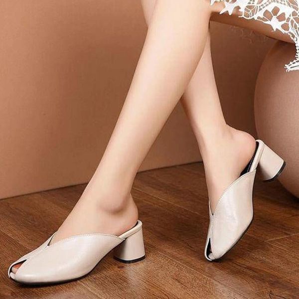 Hausschuhe Mode Sommer Frauen Sandalen Fisch Mund Starke Ferse Casual Halb Mit Heels Elegante Büro Damen Schuhe Und