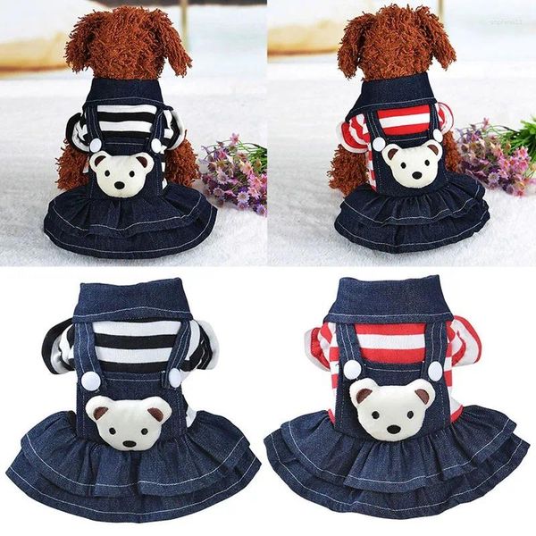 Cão vestuário primavera verão roupas para animais de estimação listrado urso bonito gato cinta denim saia filhote de cachorro chihuahua vestidos teddy vestido roupas