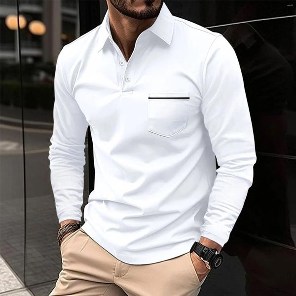 Polos masculinos outono camisa polo de manga comprida lapela t-shirt botão moda primavera fina casual escritório fino europeu um