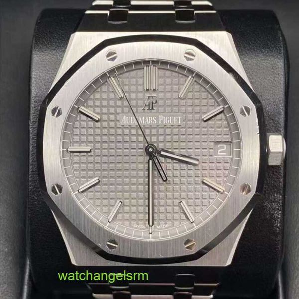 Coleção de relógios de pulso AP Royal Oak Series 15500ST Mostrador de precisão em aço cinza com parte traseira transparente Relógio masculino moda lazer negócios esportes máquinas