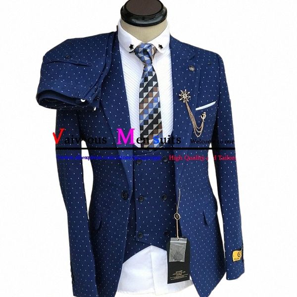 Neueste Design Blau Polka Dot Männer Anzüge Es Stück Busin Party Blazer Sets Slim Fit Hochzeit Anzug für Männer Formale Abendessen Smoking v5O6 #