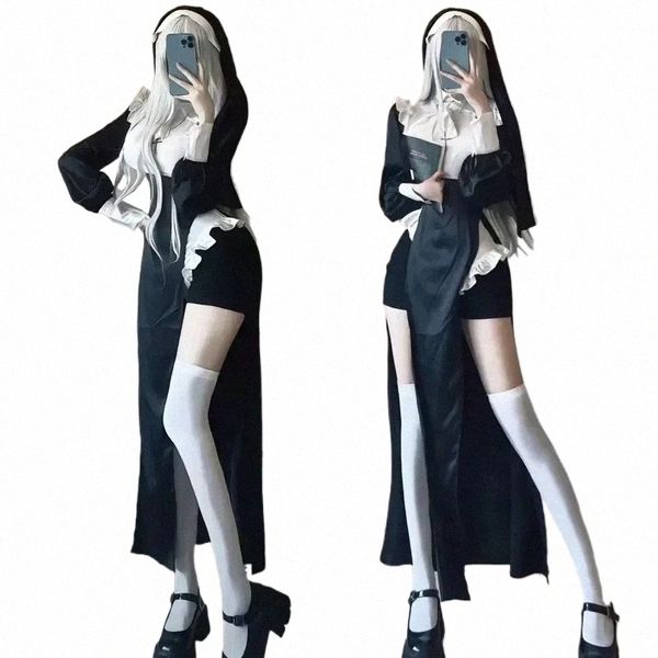 Animecc Sexy Nun Suit Costume Cosplay Halen Uniforme de Natal Sexy Maid Dr Costume Sister Costume White Lg Wig R0SU #