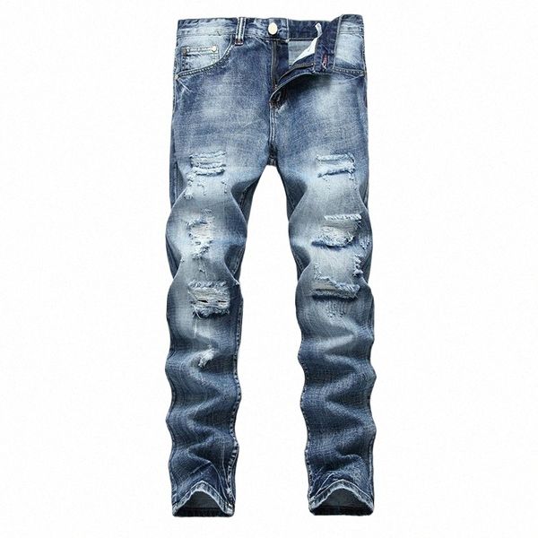 Pantaloni denim Foro rovinato Nuovo famoso marchio Streetwear Jeans da uomo Strappato Biker Jeans dritti di alta qualità Plus Size Z6uN #